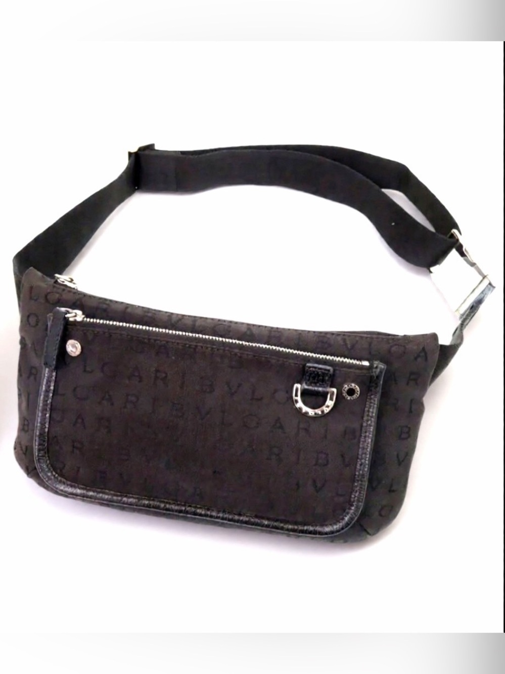 Authentic BVLGARI LOGOMANIA canvas belt bag w/exterior zip pocket backandsilver